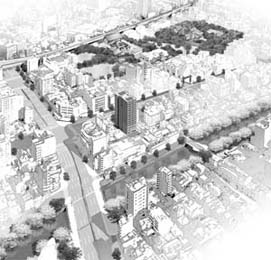 門前仲町に計画された集合住宅の空撮イラストです