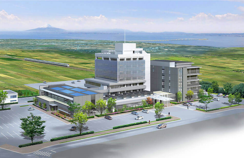 富士山を背景に望む袖ヶ浦市庁舎完成空撮パース（2）