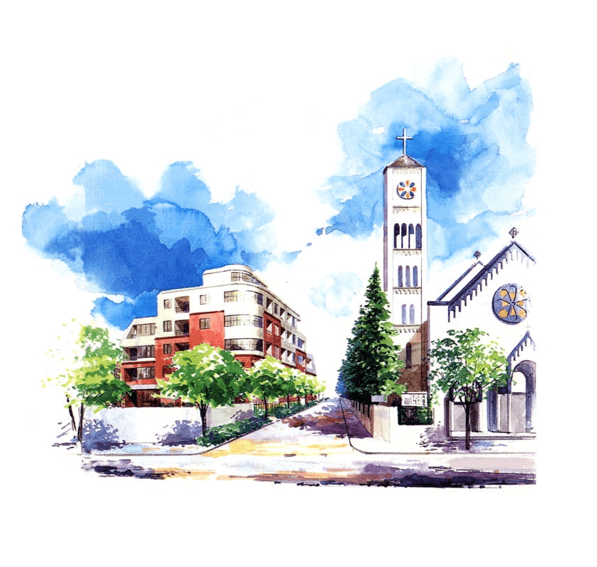 碑文谷の集合住宅とサレジオ教会の水彩手描きです