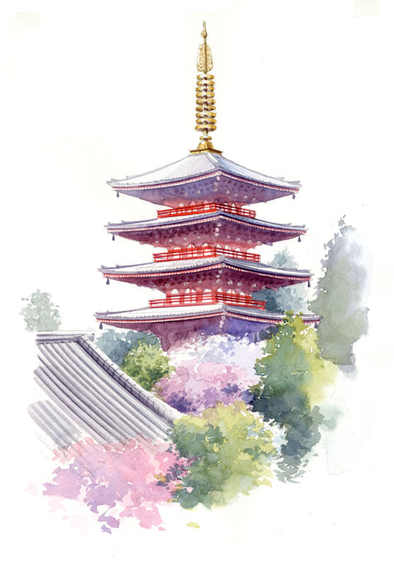高幡不動尊五重塔の水彩画です